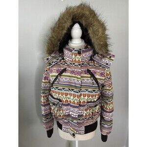 VERO MODA Women's Aztec‎ Print Puffer Jacket with Removable Hood Size M